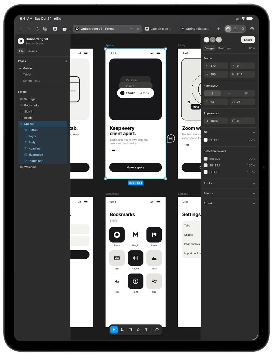 eGlu on iPad: a design file open in Forma, a design web app, in the gray Studio space.