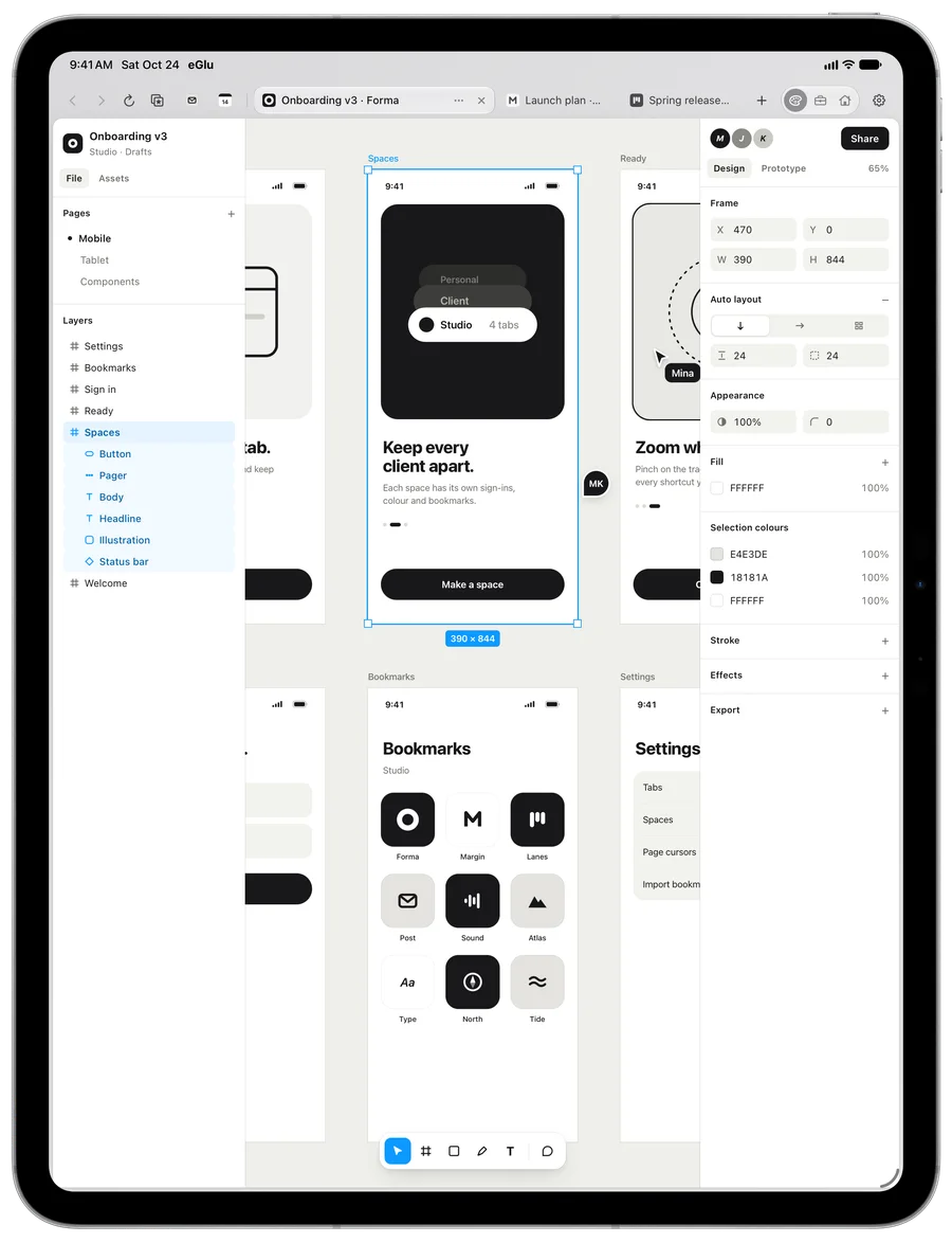eGlu on iPad: a design file open in Forma, a design web app, in the gray Studio space.