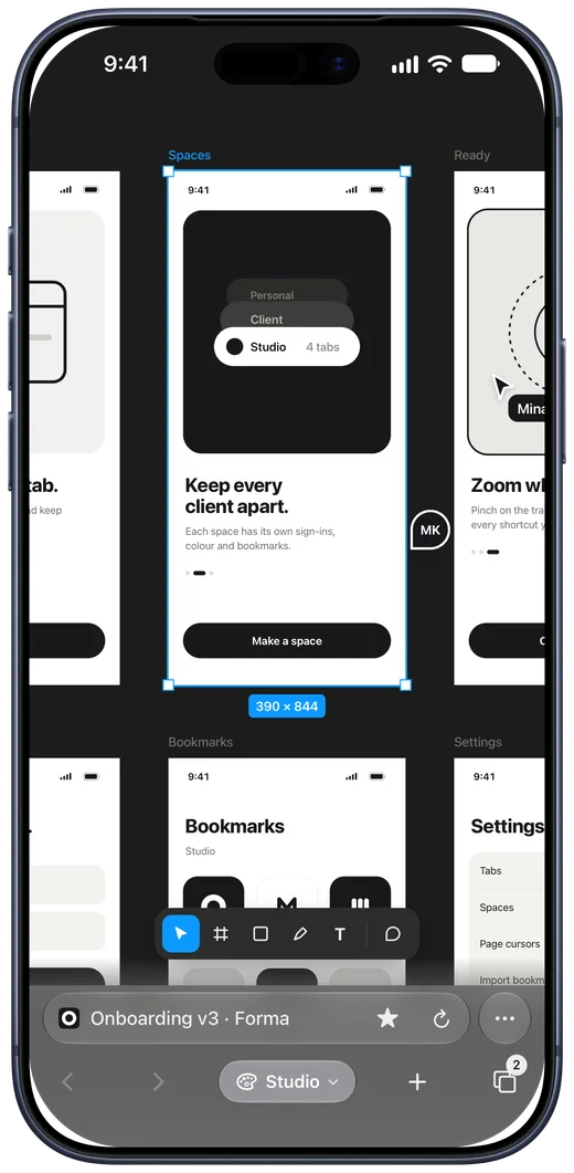 eGlu on iPhone: the same Forma design file, with the address bar at the bottom.