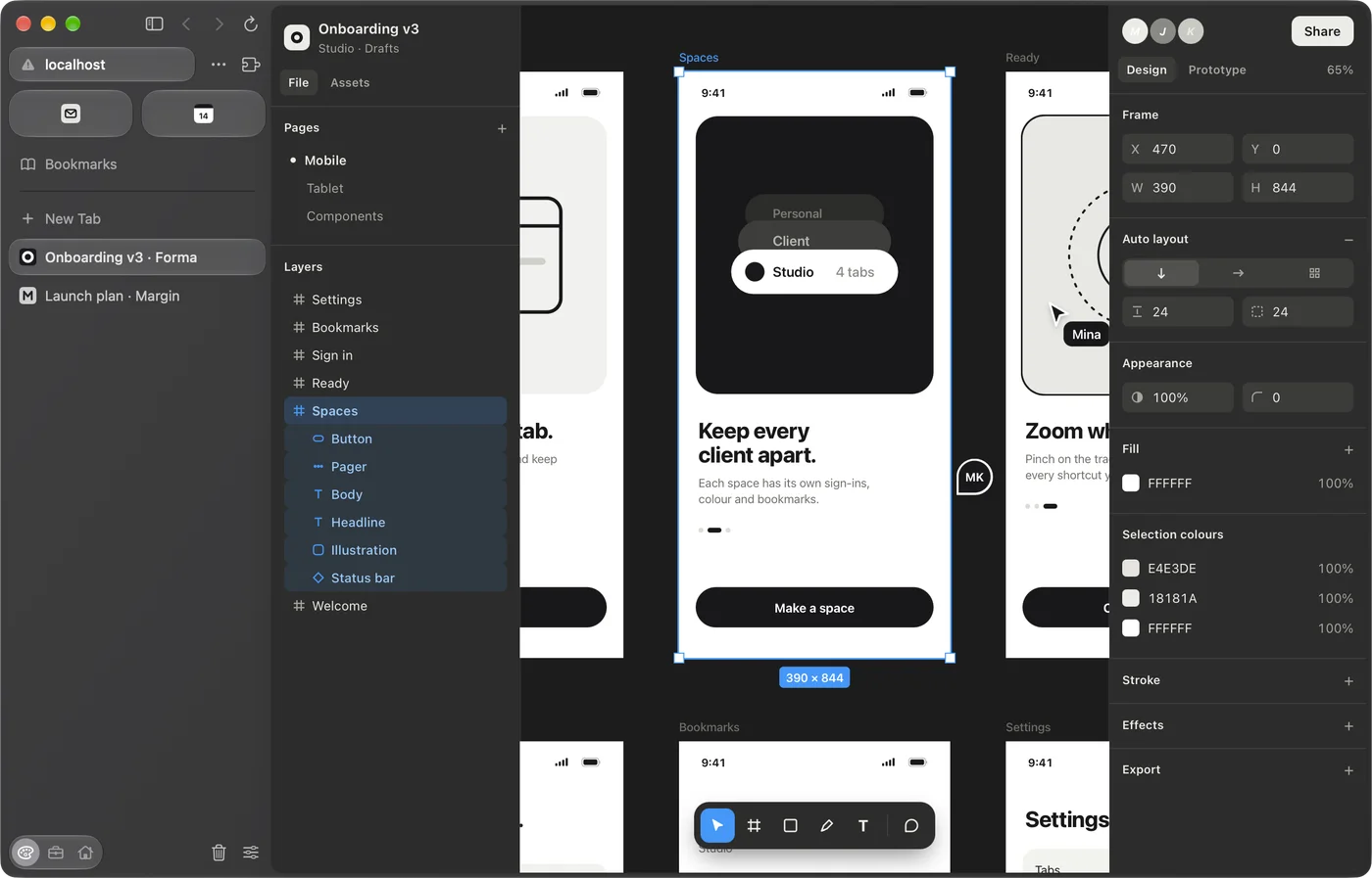 eGlu on Mac: the same Forma design file, with the Studio space’s pinned tabs in the sidebar.