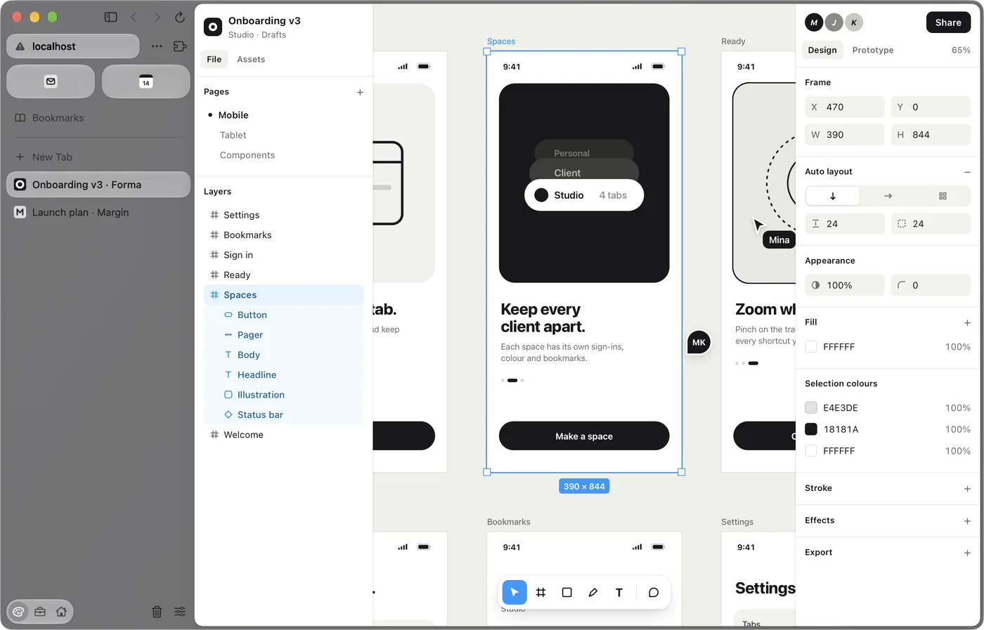eGlu on Mac: the same Forma design file, with the Studio space’s pinned tabs in the sidebar.