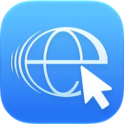 The eGlu app icon: a white globe drawn as a letter e, with a cursor in its opening, on blue.