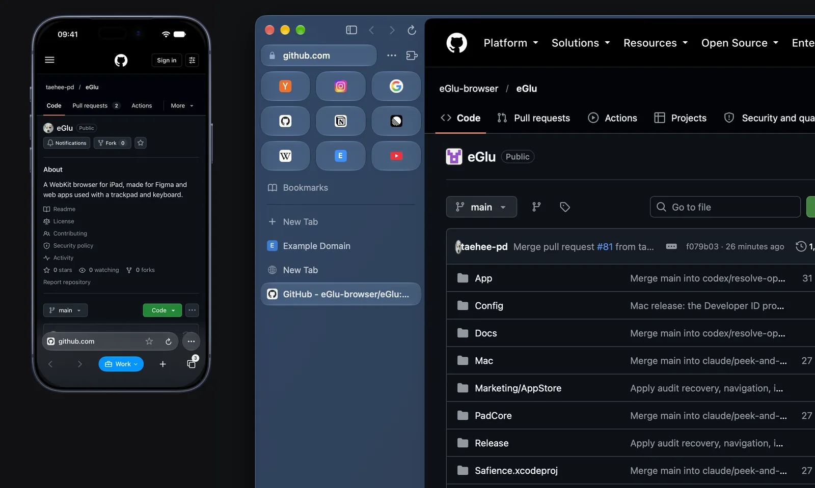 eGlu on iPhone and Mac, both showing the eGlu repository on GitHub: the iPhone with its Fork button, the Mac with the file list.
