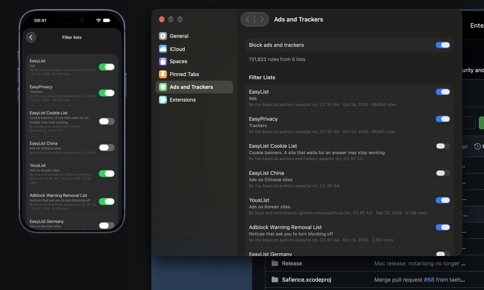 The filter lists in eGlu's Settings on iPhone, and Settings › Ads and Trackers on Mac, each list with its own switch.