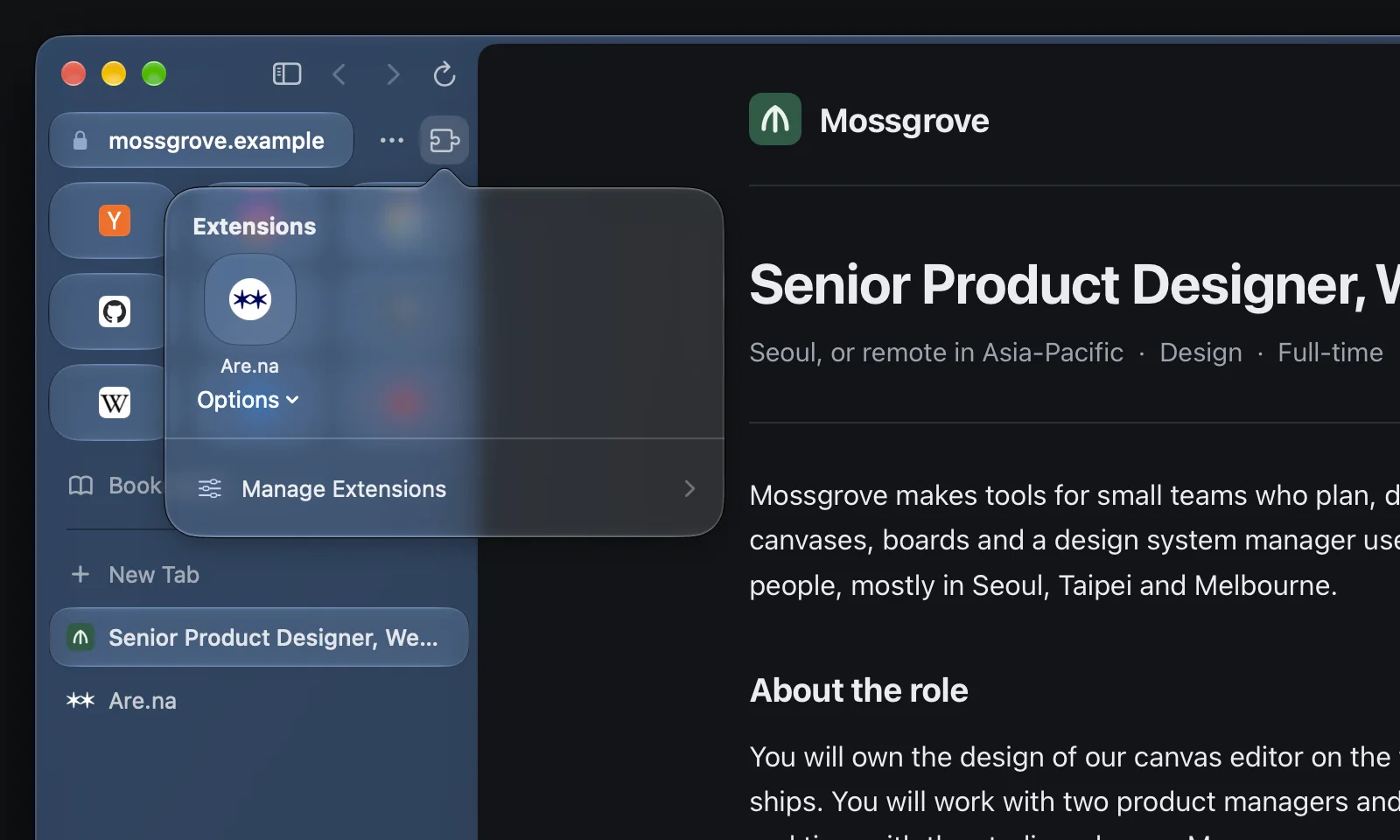 eGlu for Mac with the Extensions menu open beside the address: Are.na, its options, and Manage Extensions.