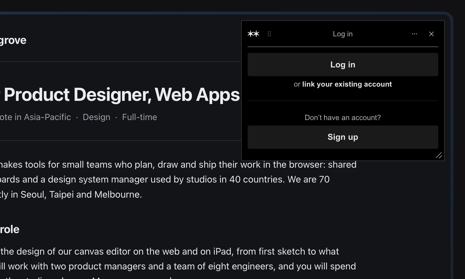 Are.na's own panel open over a job post in eGlu for Mac, asking to log in or sign up.