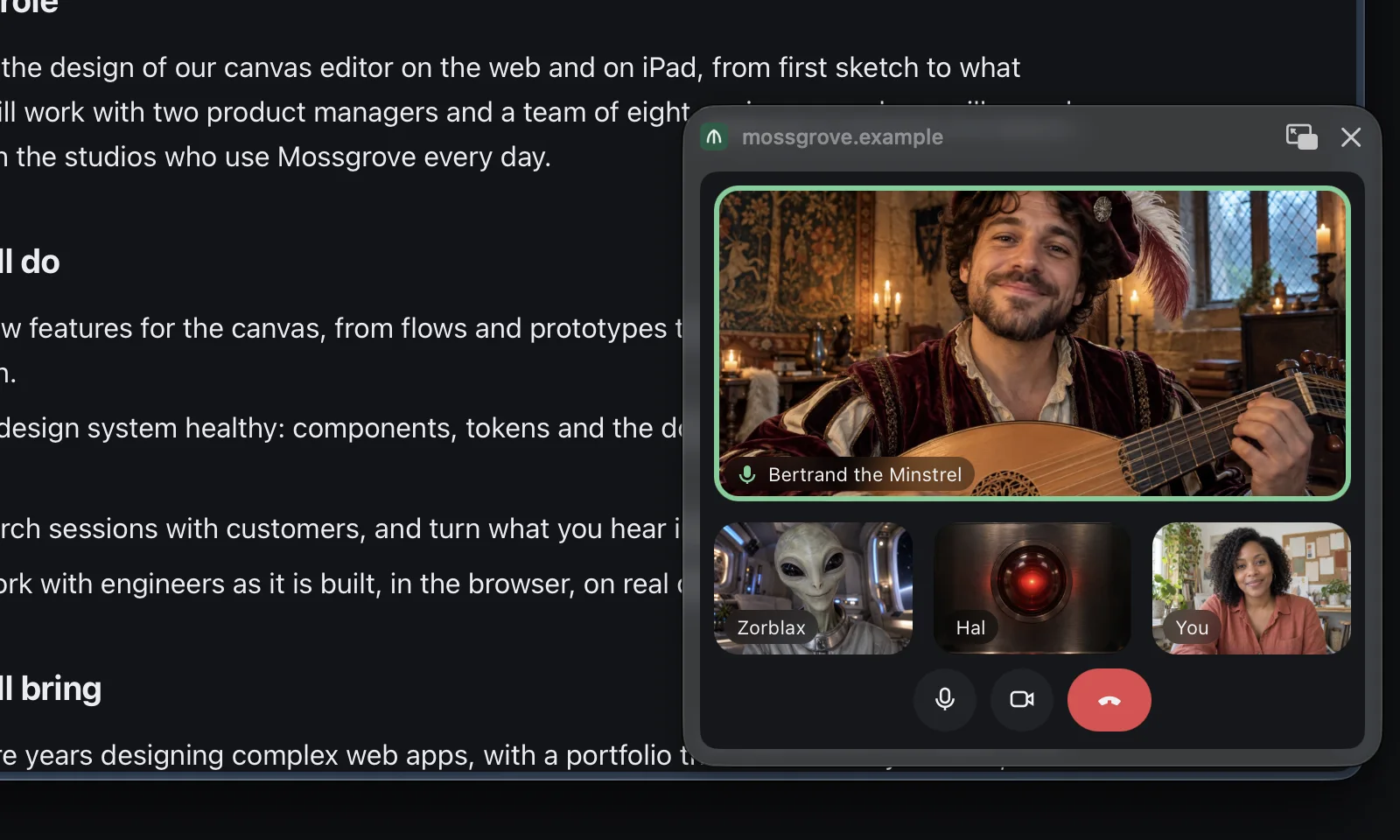 A video call in eGlu's picture-in-picture window, showing the site's icon and address above the call, over a job post in another tab.